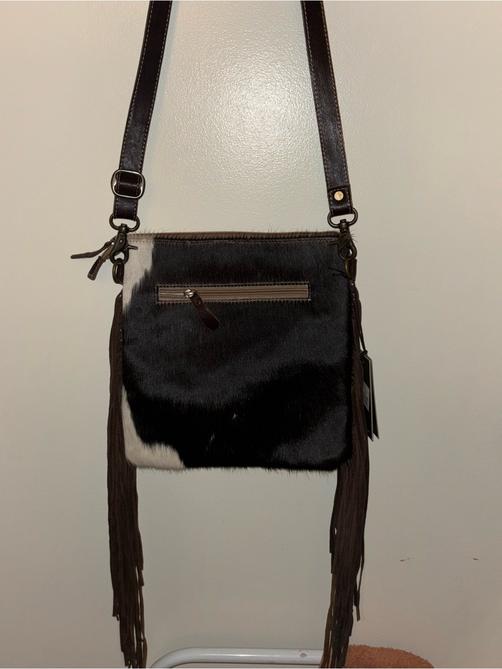 Myra Bag Black White & Brown Cowhide Crossbody with Tooled Leather Accent - Picture 2 of 6